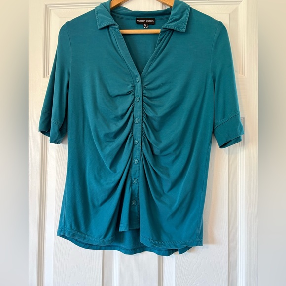 Modern Works Tops - Modern Works Teal Ruched Button-Down Top